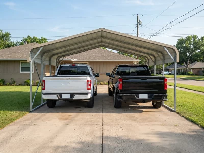 2026 Ford F-150 and 2025 Chevrolet Silverado 1500 parked under a 20x20 steel carport, showing door gaps