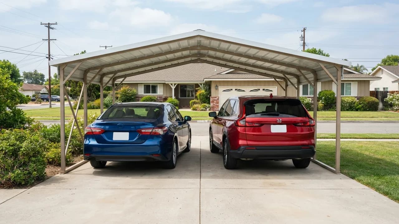 2025 Toyota Camry and 2025 Honda CR-V parked side by side under a 20x20 steel carport on a driveway
