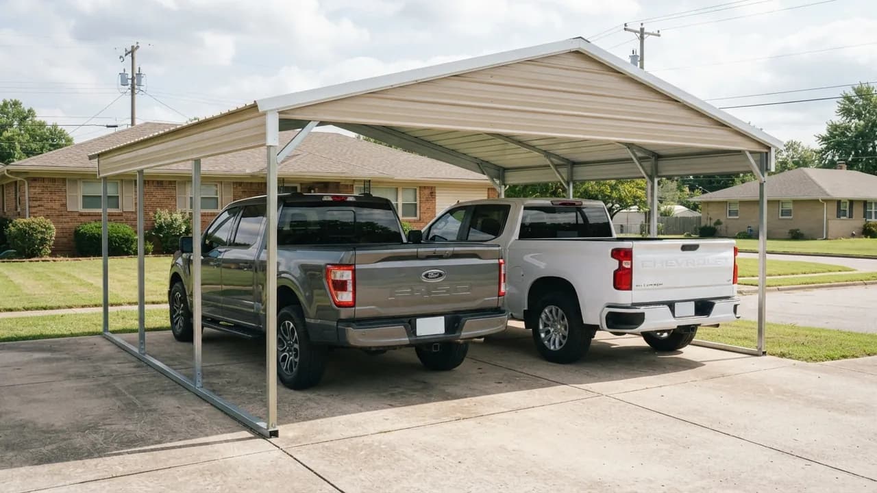 Ford F-150 and Chevrolet Silverado 1500 parked side by side under a 24x24 steel carport with wide gaps