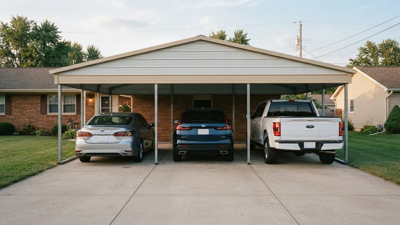 Toyota Camry, Honda CR-V and Ford F-150 parked nose-in side by side under a 30x20 steel carport with a gable end