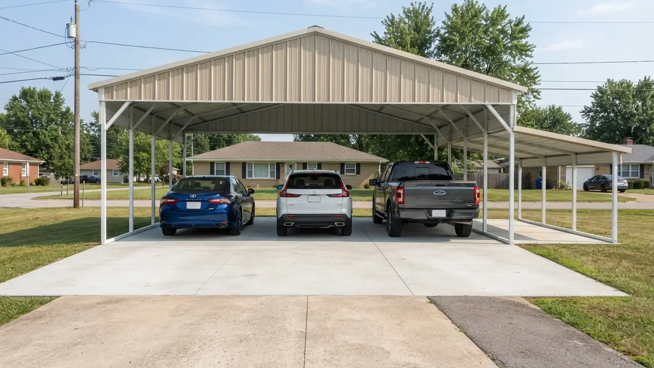 Three vehicles parked under a 30x25x9 triple wide steel carport with a lower lean-to roof attached on the right side