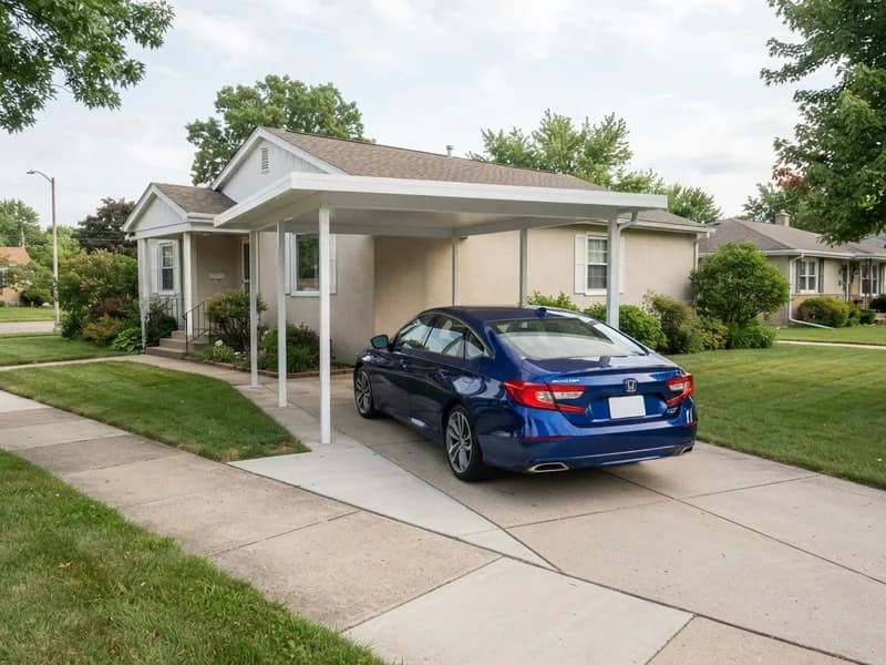 Aluminum carport with a white pan roof attached to a stucco house, a 2023 Honda Accord parked under it