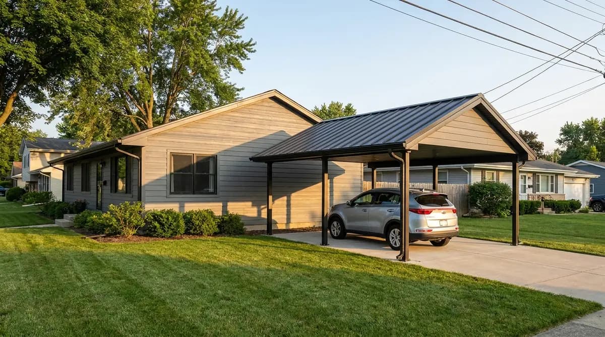 Attached steel carport with a gable roof extending from an American ranch home, sheltering a parked SUV on the driveway