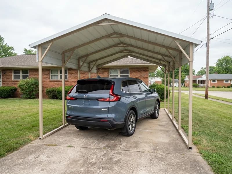 Honda CR-V parked in the middle of a 10x20 steel carport with side room visible on each side