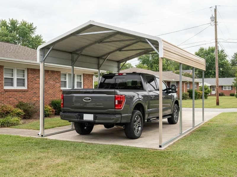Ford F-150 parked under a 10x20 steel carport with mirrors extended and narrow side room on both sides