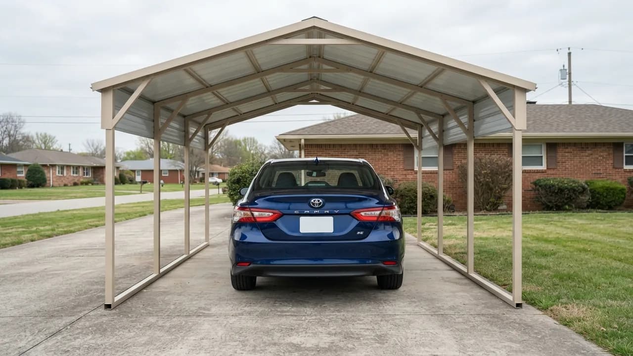 Toyota Camry centered under a 10x20 steel carport with even side room on a suburban driveway