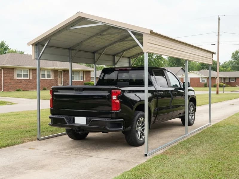 Chevrolet Silverado 1500 crew cab under a 10x20 steel carport with tight side room on both sides