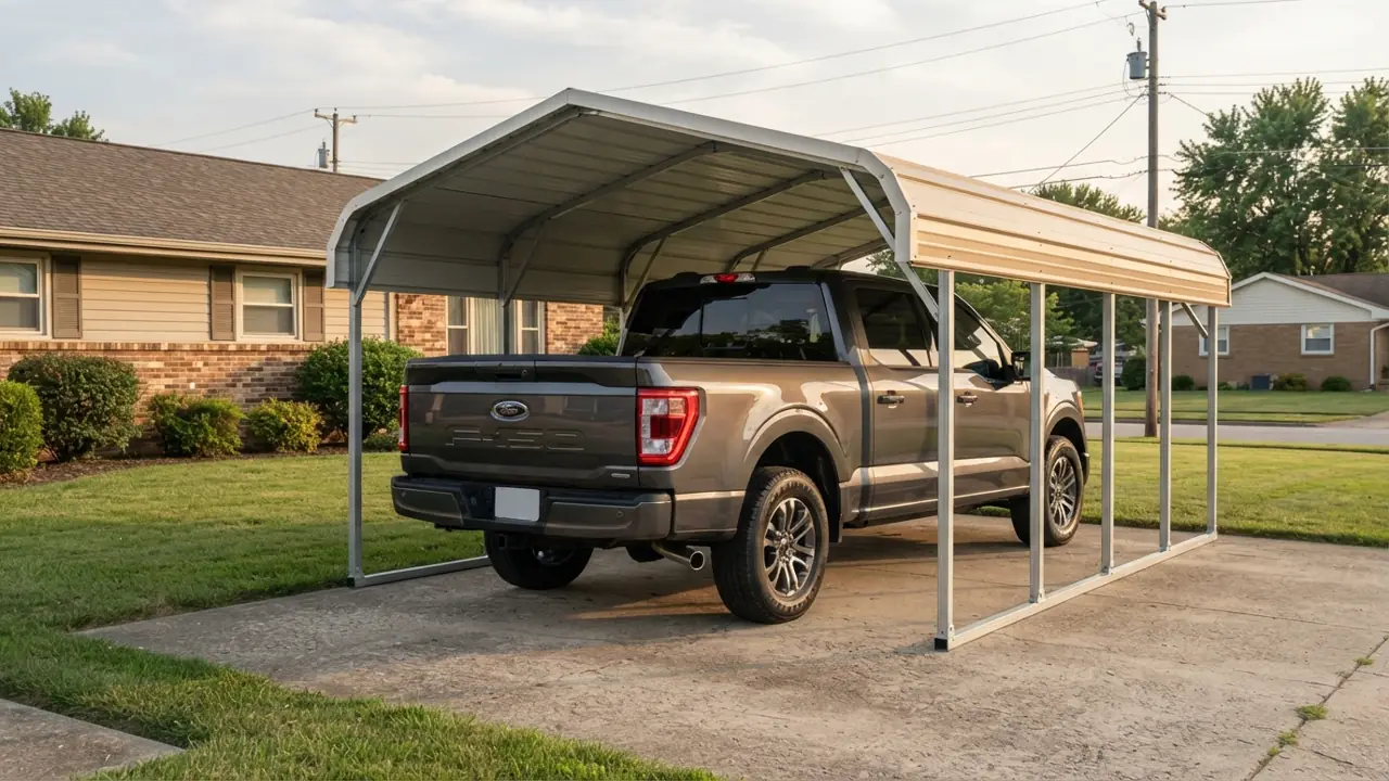 2024 Ford F-150 SuperCrew parked in a 12x20 carport with its tailgate near the rear edge of the roof