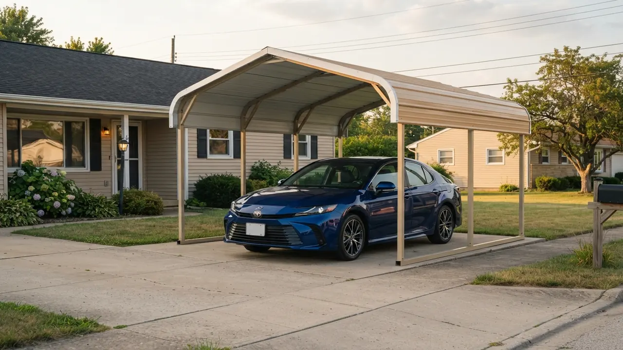 2025 Toyota Camry parked under a 12x20 steel carport on a residential driveway, three-quarter view