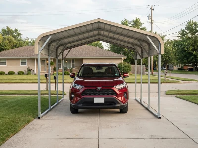 2025 Toyota RAV4 parked in a 12x20 carport seen from the front, with space between the mirrors and each leg