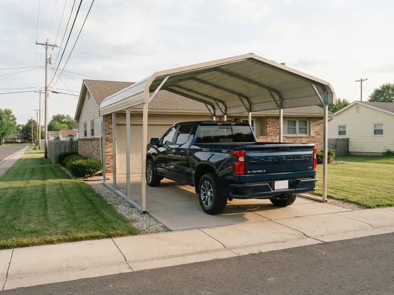 2025 Chevrolet Silverado 1500 crew cab parked with its rear bumper at the back edge of a 12x20 carport roof