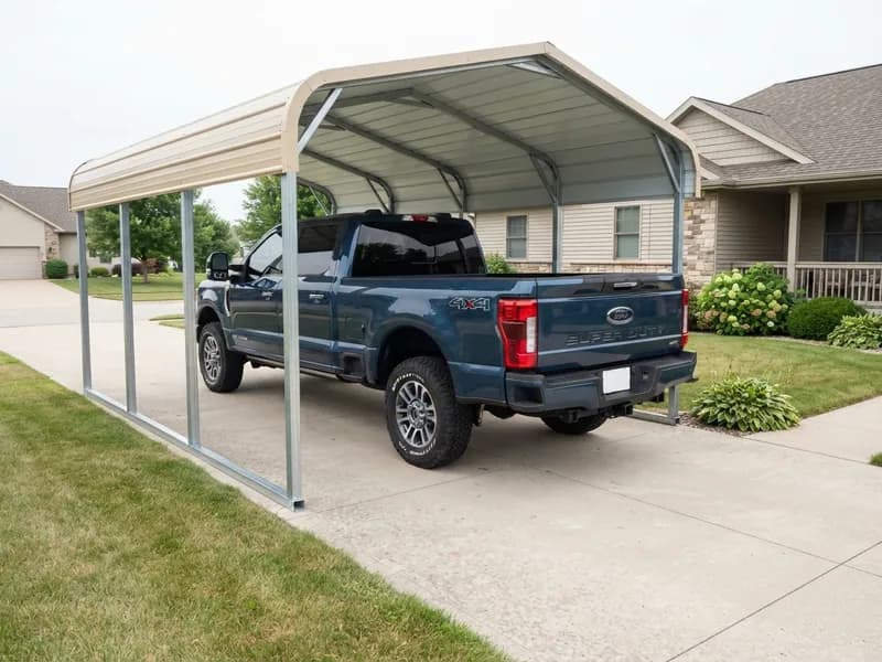 2025 Ford F-250 Super Duty crew cab long bed parked in a 12x24 carport with the tailgate near the rear edge
