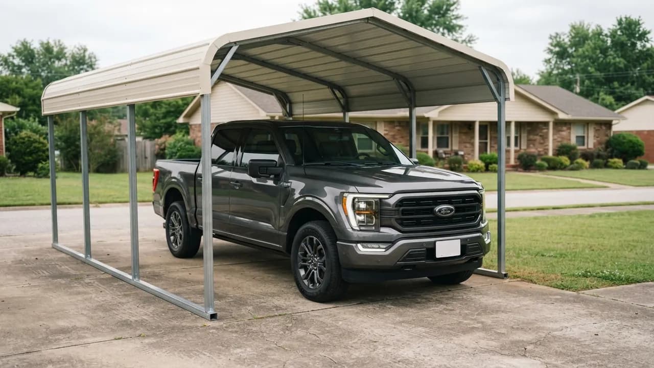 2025 Ford F-150 SuperCrew parked under a 12x24 steel carport on a residential driveway, three-quarter view