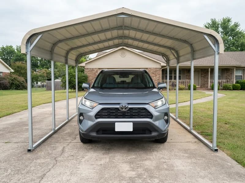 2025 Toyota RAV4 parked in a 12x24 carport seen from the front, with space between the mirrors and each leg