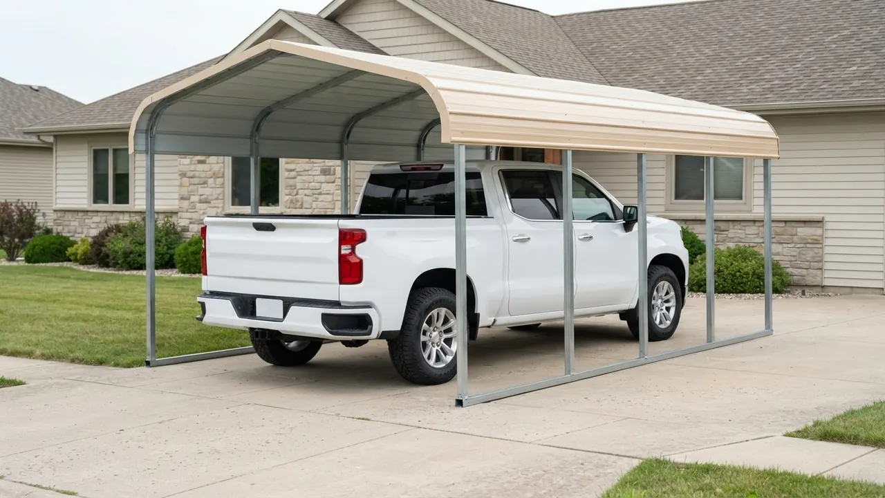 2025 Chevrolet Silverado 1500 crew cab parked in a 12x24 carport with space between the tailgate and the rear roof edge
