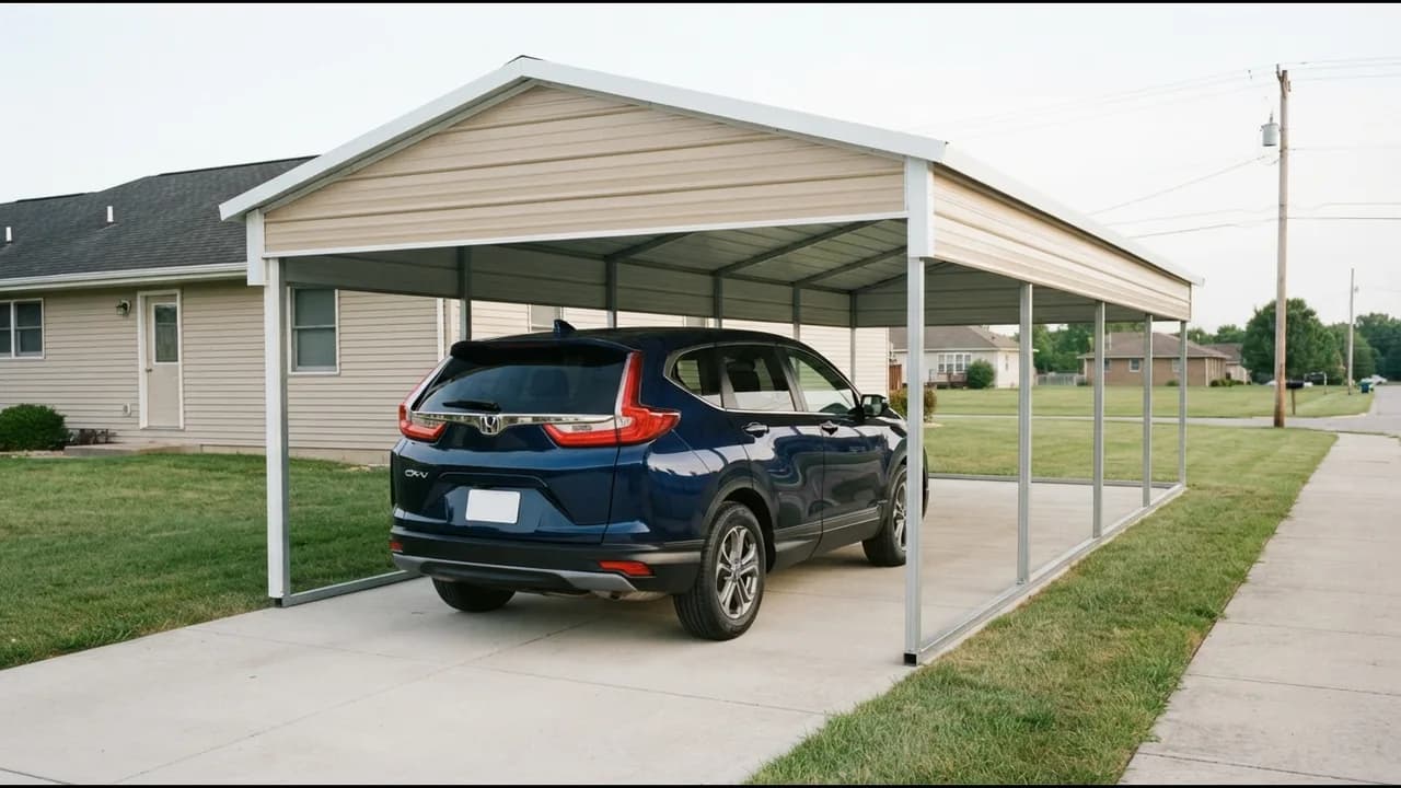 Metal carport 12 ft wide and 30 ft long with a light tan roof, one blue SUV in the front half and bare concrete behind