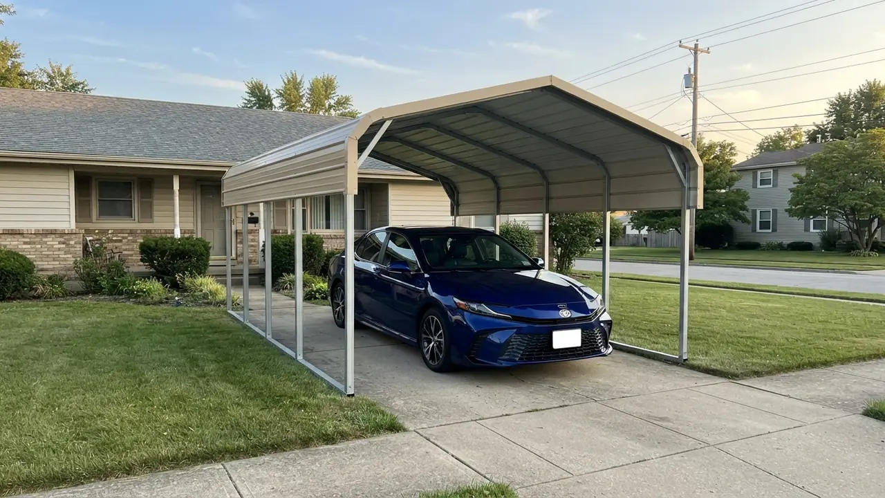 2025 Toyota Camry parked alone under an 18x21 steel carport on a residential driveway, three-quarter view