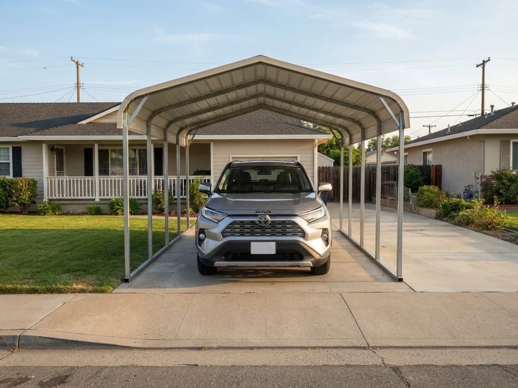 2025 Toyota RAV4 parked in an 18x21 carport seen from the front, with wide room between the mirrors and each leg