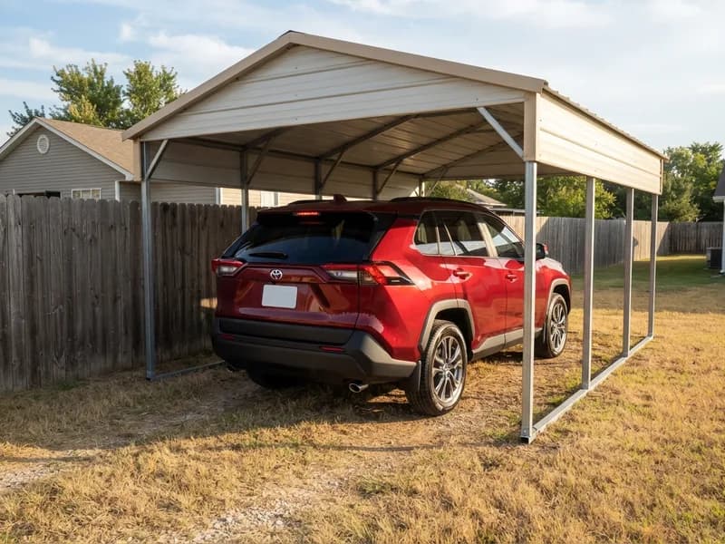 Detached steel carport beside a wood fence on a residential lot sheltering a 2022 Toyota RAV4