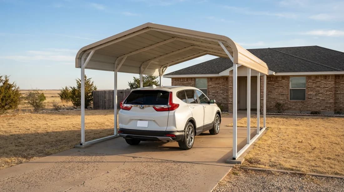 Freestanding steel carport covering a 2022 Honda CR-V on a residential driveway beside a single-story brick home
