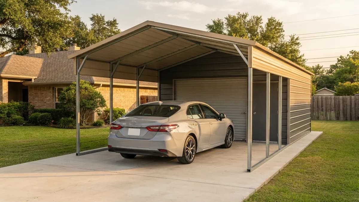 Steel carport and shed combo with a gray sedan parked in the open front bay and an enclosed storage section at the back