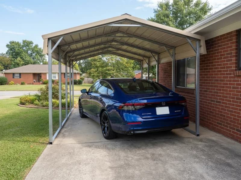 Attached steel carport open at the front and one side on a single-story brick house sheltering a 2023 Honda Accord