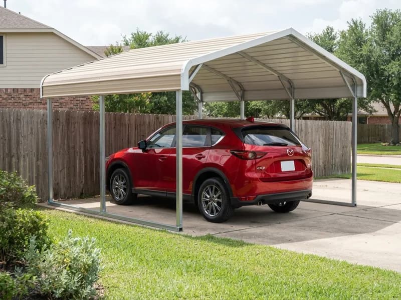 Detached steel carport beside a wood fence on a residential lot sheltering a 2022 Mazda CX-5, roof edge clear of the fence
