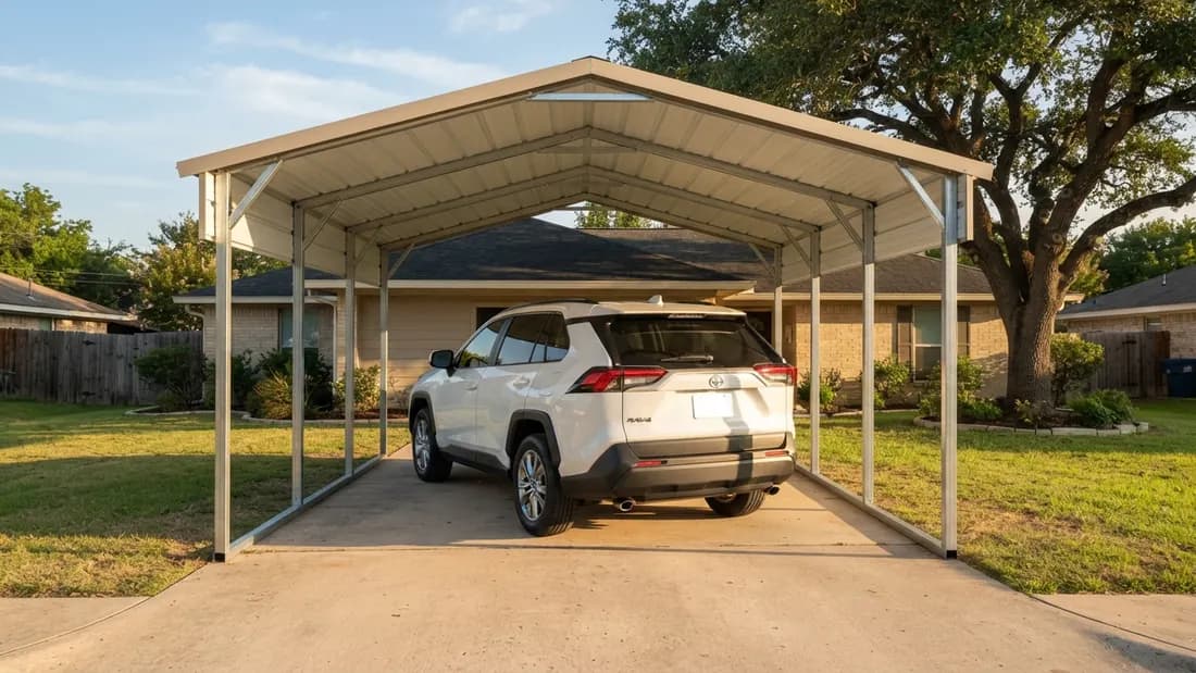 Freestanding steel carport open on all sides covering a 2022 Toyota RAV4 on a residential driveway beside a single-story home