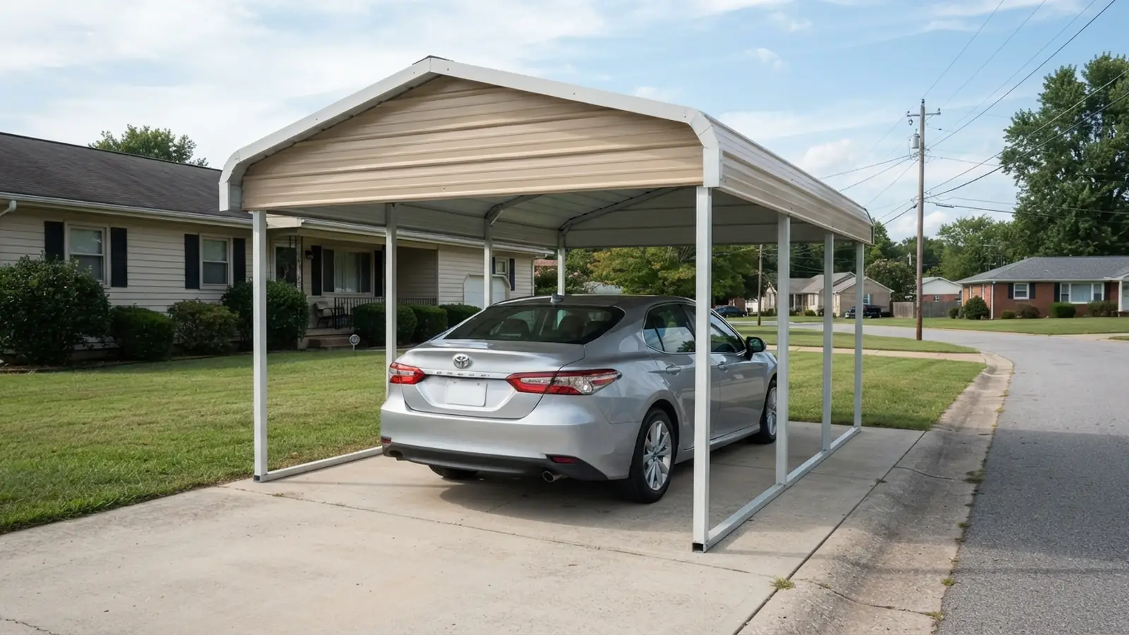 Steel carport over a 2023 Toyota Camry on a residential driveway beside a ranch-style house