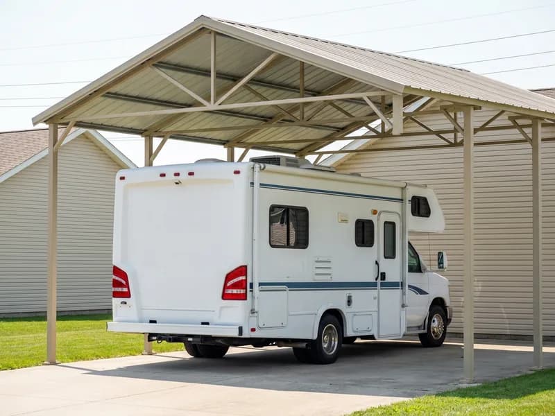 Class C motorhome parked under a tall steel carport with a gable roof sized for its height and length
