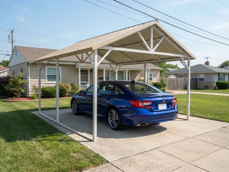 Single sedan parked under a freestanding steel carport with clearance on all sides and a gable roof overhead