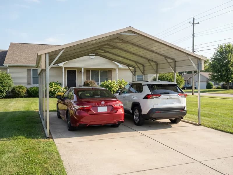 Two vehicles parked side by side under a wide steel carport with a gable roof and clearance between them