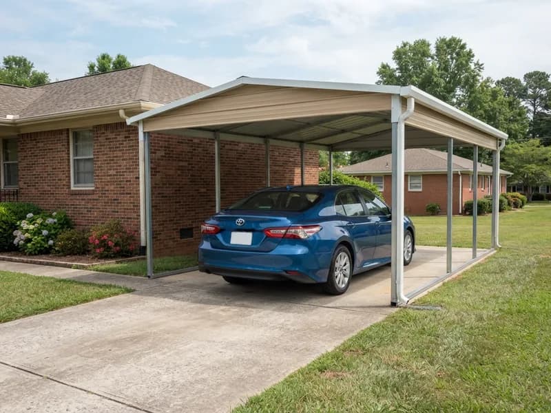 Attached steel carport open at the front and one side on a single-story brick house sheltering a 2022 Toyota Camry