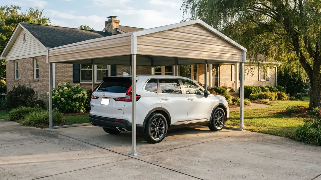 Freestanding steel carport covering a 2023 Honda CR-V on a driveway beside a single-story brick home