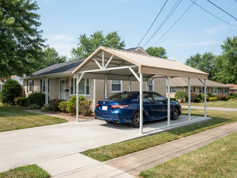 Steel carport attached to a house's side wall, sharing its roofline, with a car parked straight beneath it