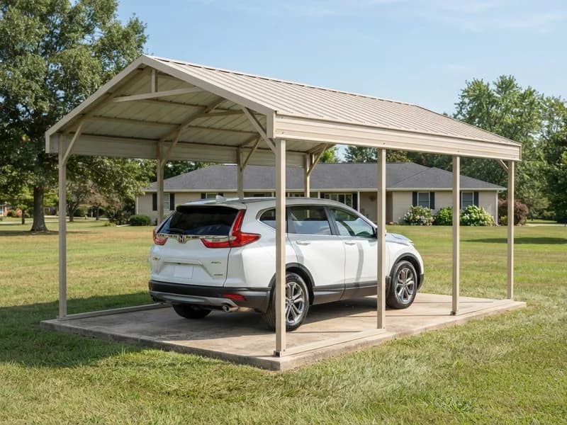 Freestanding steel carport on six independent corner posts set apart from the house, with a car parked inside