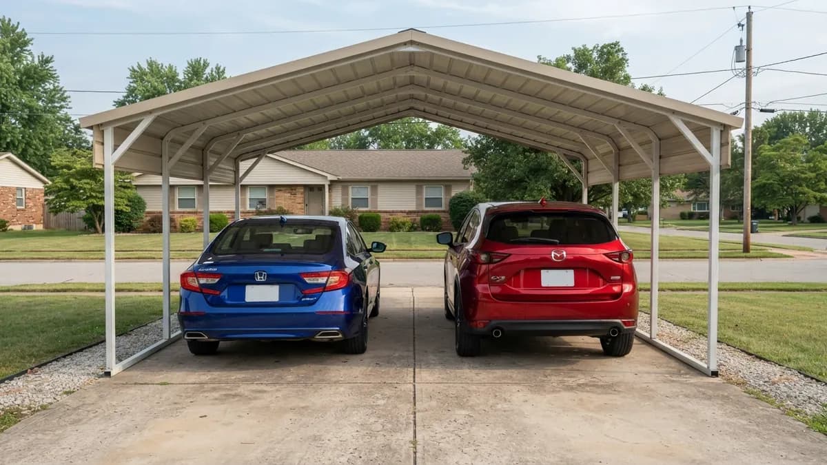 Honda Accord and Mazda CX-5 parked side by side under a 20 ft wide carport for 2 cars with open gaps between them
