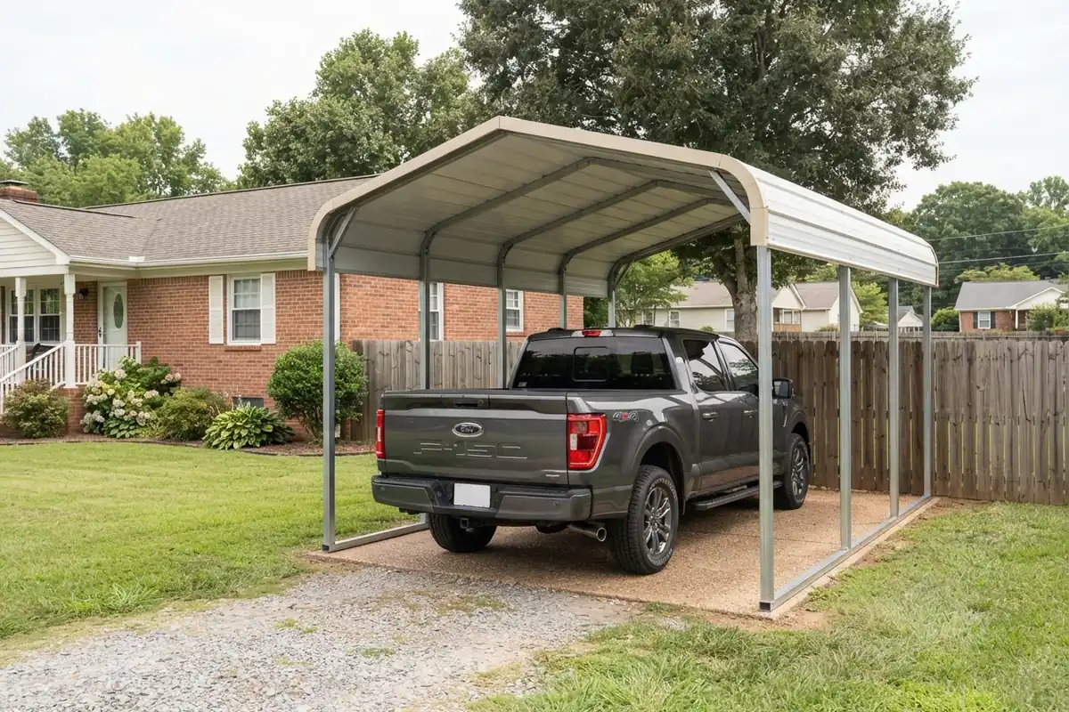 Detached steel carport beside a house on a side lot sheltering a 2022 Ford F-150 pickup truck