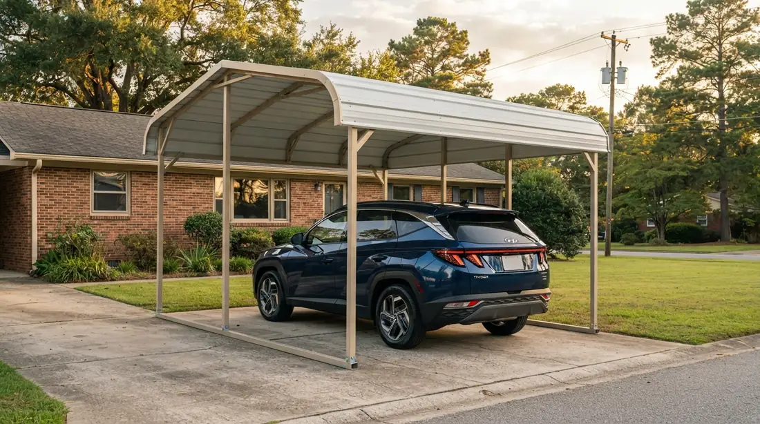 Freestanding steel carport covering a 2023 Hyundai Tucson on a residential driveway beside a brick home
