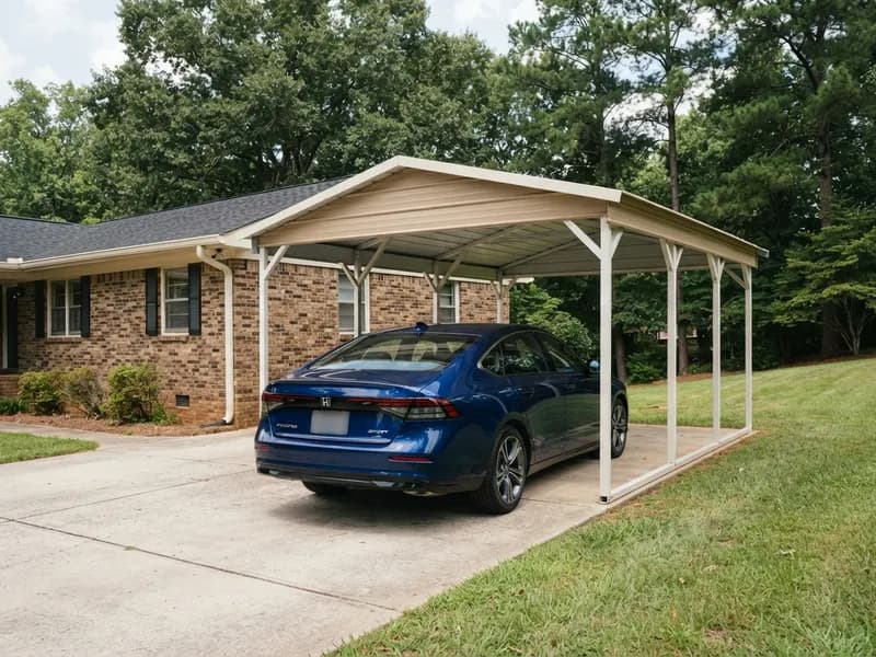 Attached steel carport on the side of a single-story brick house sheltering a 2023 Honda Accord