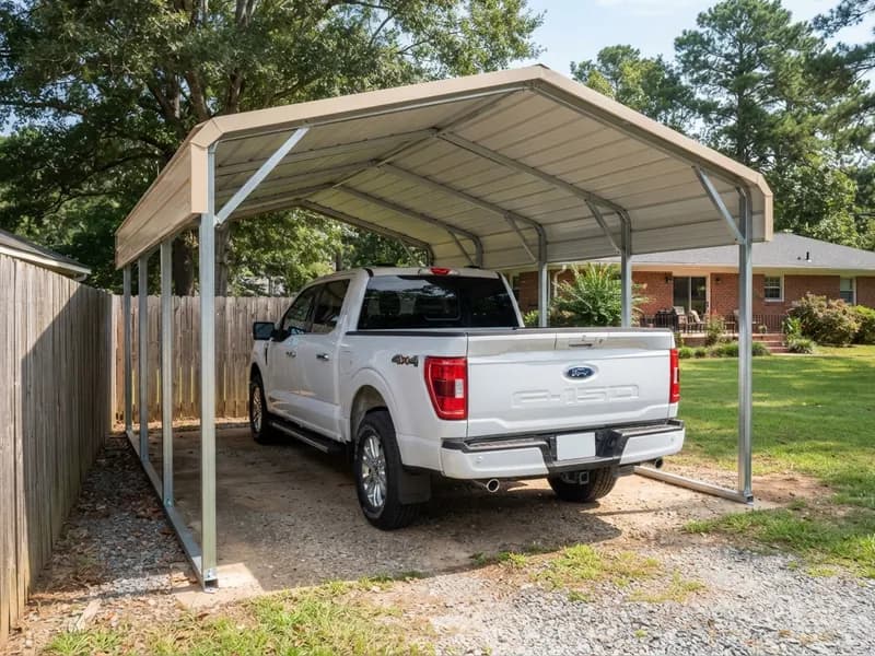 Detached steel carport beside a wood fence on a residential lot sheltering a 2022 Ford F-150