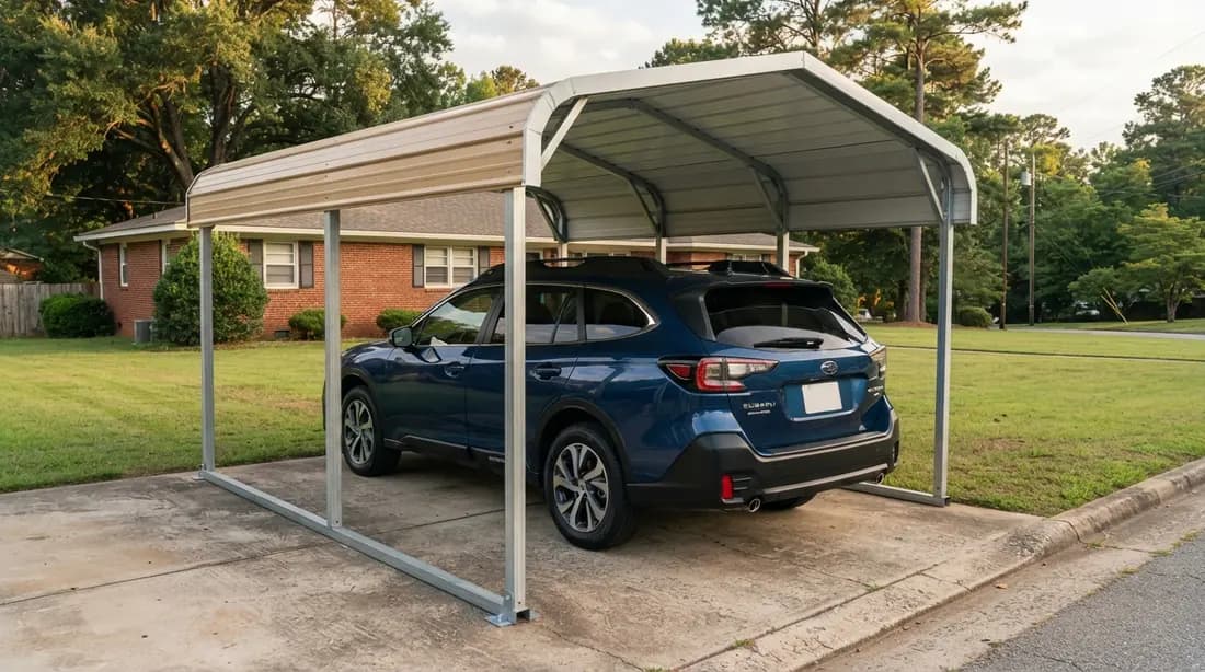 Freestanding steel carport covering a 2022 Subaru Outback on a residential driveway beside a single-story brick home