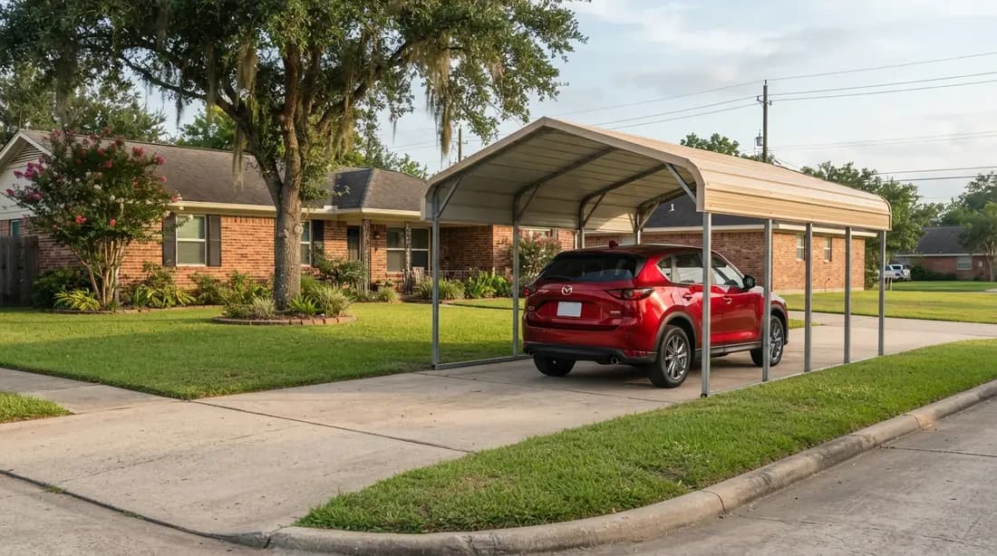 Freestanding steel carport covering a 2022 Mazda CX-5 on a Houston driveway beside a brick single-story home