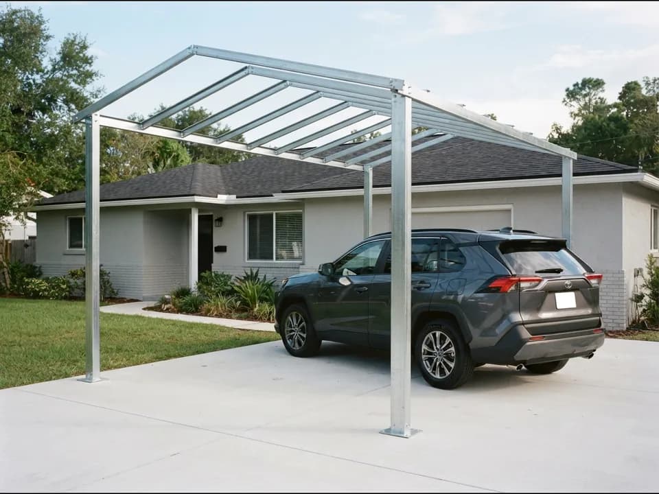 Partly assembled steel carport frame with four posts and roof rafters on a concrete pad beside a 2022 Toyota RAV4