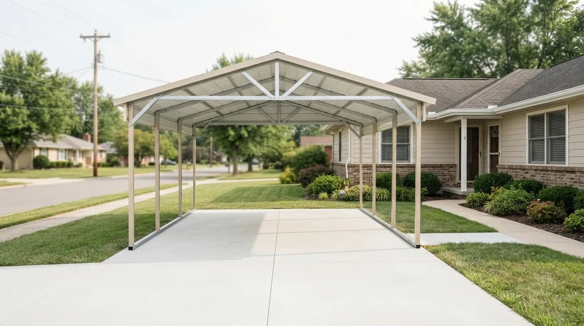 Freestanding galvanized steel carport with a gable roof on an empty concrete pad beside a suburban ranch-style home