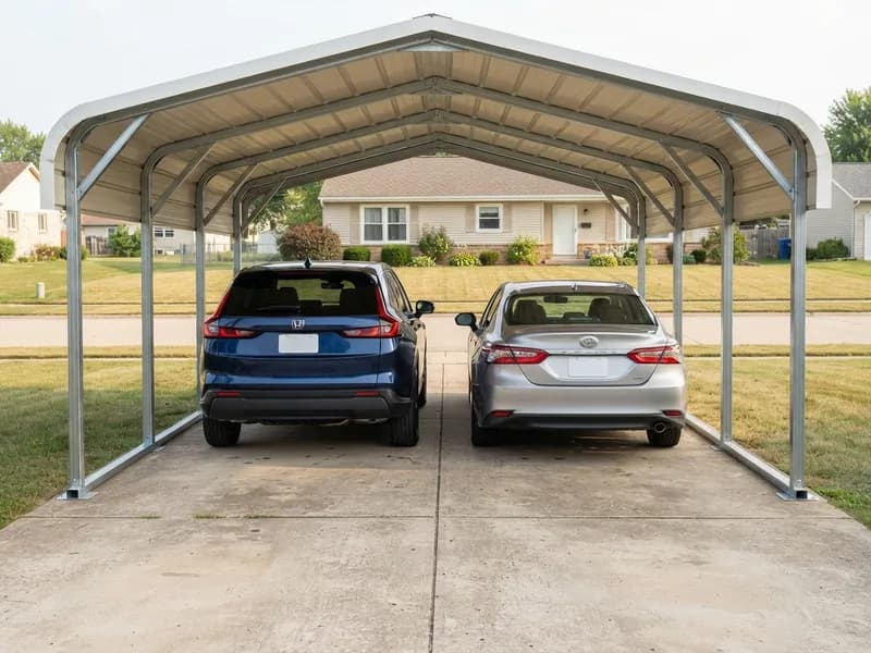 20x20 galvanized steel carport kit with a tan and white roof over a Honda CR-V and a 2023 Toyota Camry on a driveway