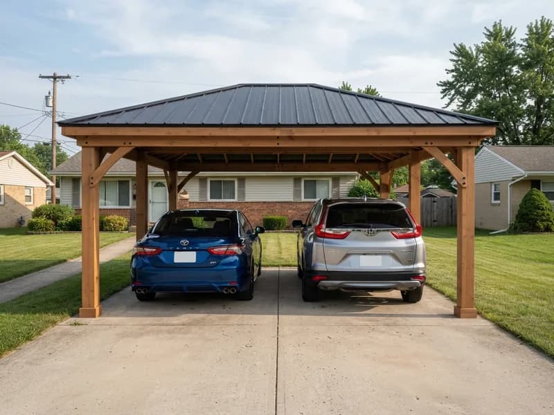 Cedar-frame wood carport kit, 20x20 ft, with a steel roof over a 2023 Toyota Camry and a 2022 Honda CR-V on a driveway