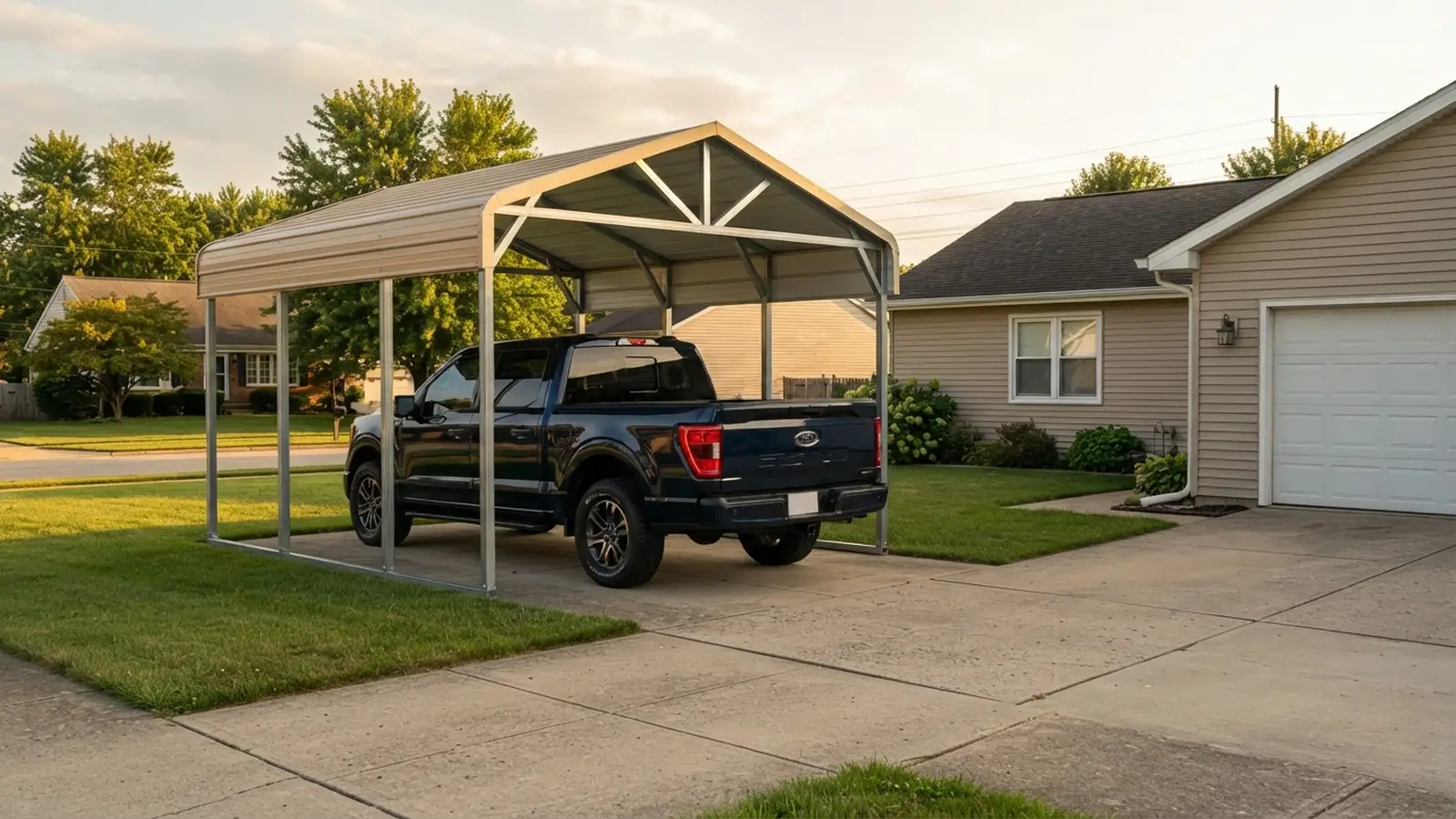 Open-sided steel carport sheltering a 2023 Ford F-150 beside an enclosed single-car garage with a closed door