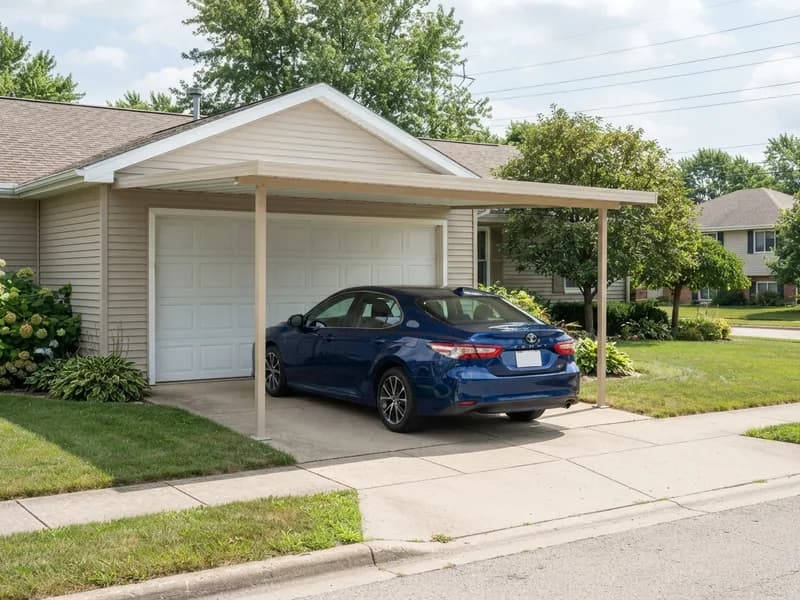 Attached steel carport roof over a driveway in front of a closed garage door, sheltering a 2023 Toyota Camry