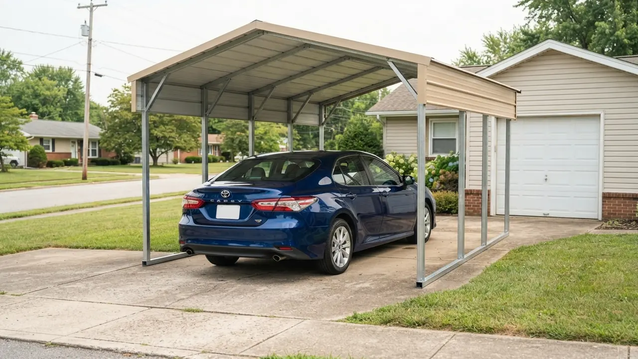A 2023 Toyota Camry parked under an open-sided steel carport beside a closed garage bay on a suburban driveway in daylight.